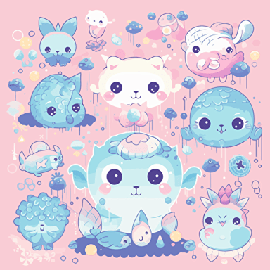 Vector, illustration, cute animals, children, kawaii, happiness, sweetness, cotton,5 caribbean,1 chromatic,1 dripping paint,1 flower of life,1 strobe,1 accent lighting,,1 magnification,,1 baby pink color,1 baby blue color,1 CYMK,1 cyan,1 hot pink color,1 lavender color,1 pastel,1 pink,1 cotton 6144x6144