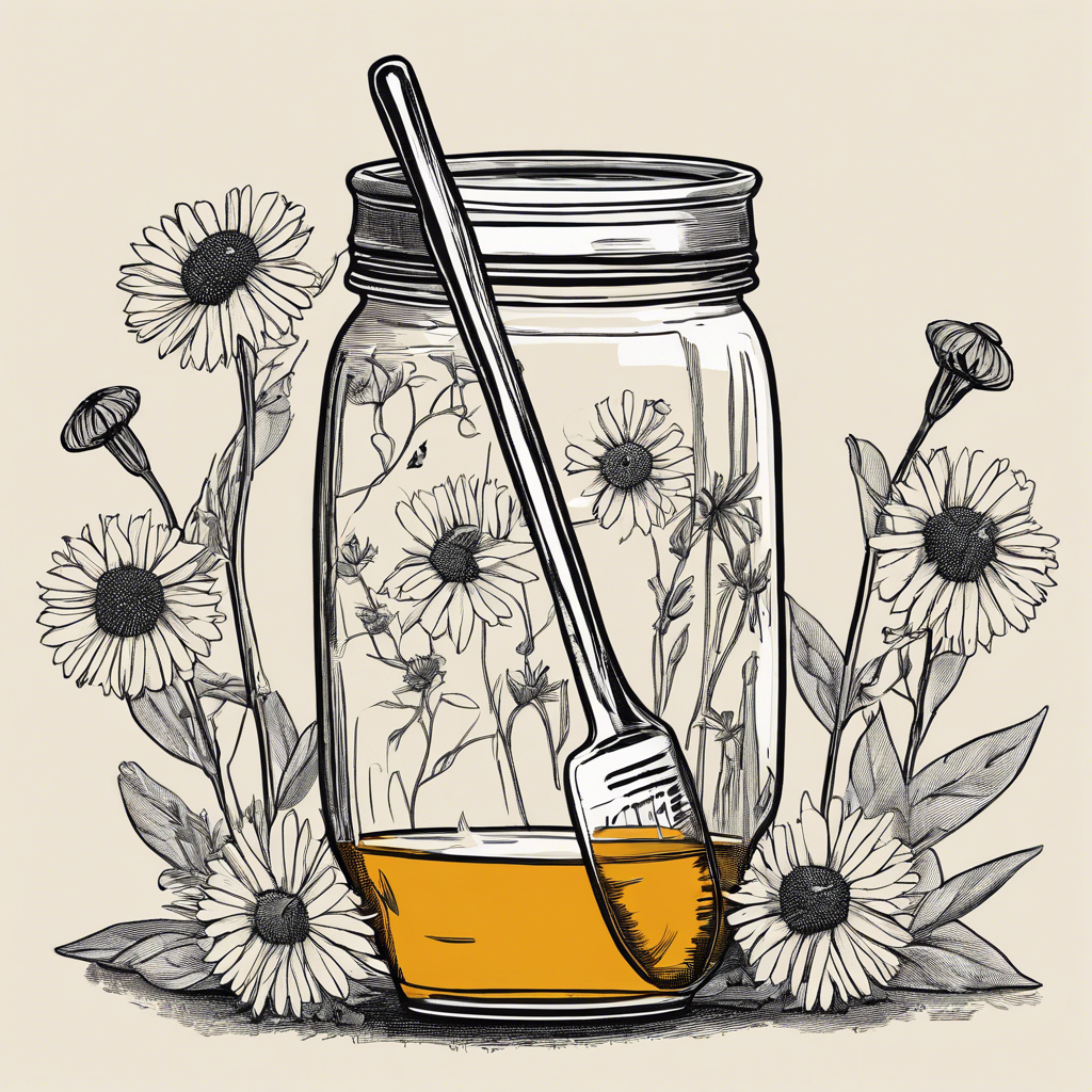 Jar of honey with a honey dipper and a bunch of wildflowers on a linen tablecloth, illustration in the style of Matt Blease, illustration, flat, simple, vector
