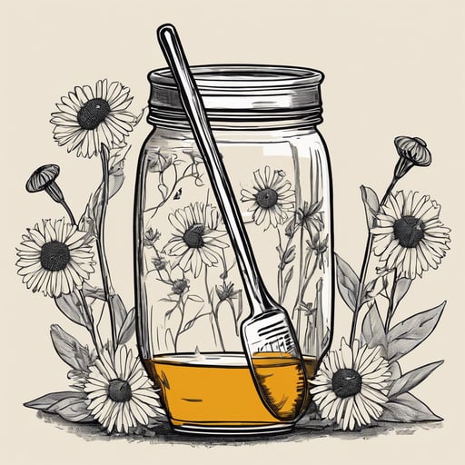Jar of honey with a honey dipper and a bunch of wildflowers on a linen tablecloth