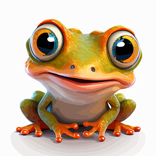 A baby fur colorfull frog, smiling, orange eyes, white background, vector art , pixar style