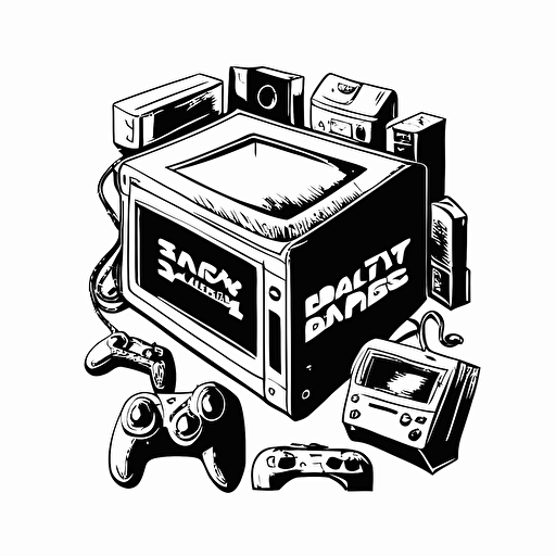 very Simple Logo, Sketchy, Transparent, Black and White, Vector, Box full of Toys, Consoles, Trading cards,