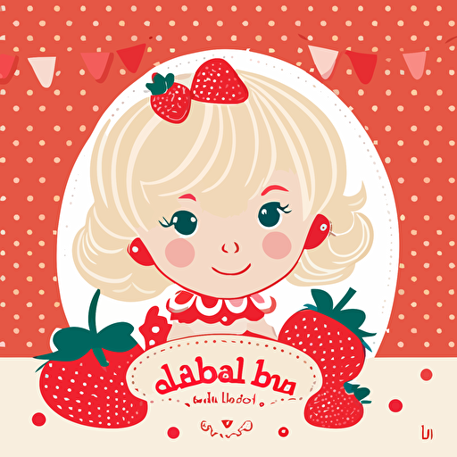 Title: "Leana's 1st Birthday", vector art illustration for an invitation to a first birthday party, strawberry theme, a girl with short, blonde hair and blue eyes, happy mood, cute style, Light_Red, white background