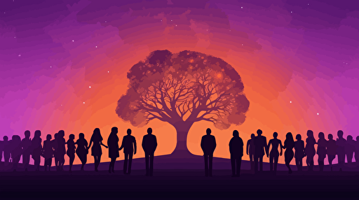 A Facebook cover featuring a purple-orange gradient sky, silhouettes of people holding hands encircling an AI brain, symbolizing the harmony between social networks and artificial intelligence, Illustration, vector art,