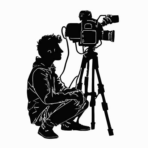 silhouette of male filmmaker, line drawing, simple, white background, vector style