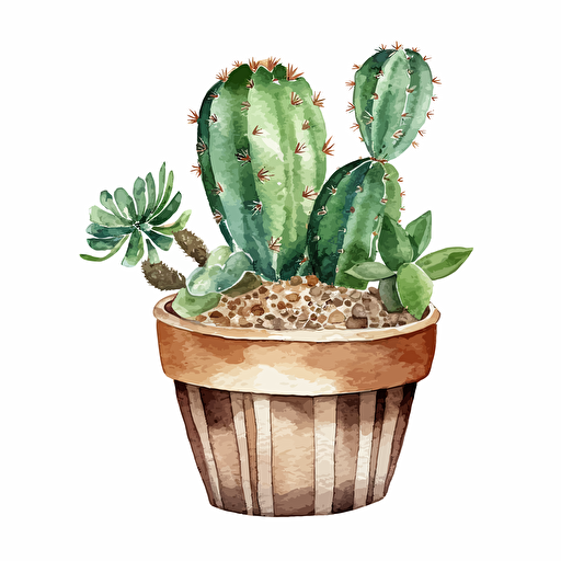 watercolor vector illustration cactus in a clay pot sticker white background