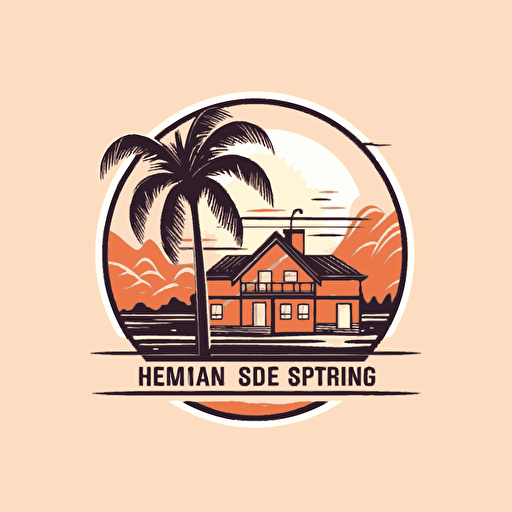 logo for house cleaning company with soft salmon background and modern house with palm trees on the side, vector logo, vector art, 2d