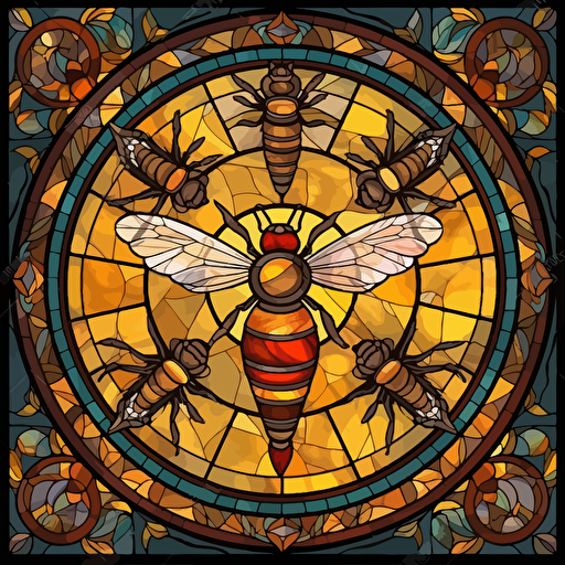 stained glass bees in a circluar window, hyper detailed, epic composition, vector design on the edges of the image