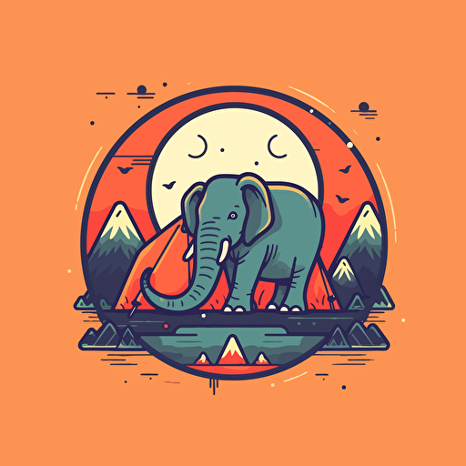 Elephant, Camping in the Mountains, Adventurous, Natural Lighting, Comic vector illustration style, flat design, minimalist logo, minimalist icon, flat icon, adobe illustrator, cute, Simple