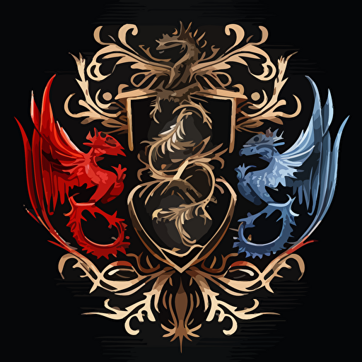 coat of arms game of thrones style. vector illustration. 3 dragons in harmony. Each dragon symbolizes light, ice and fire.