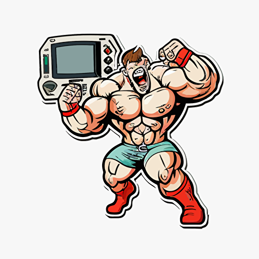 a muscular video gamer, Sticker, Happy, Primary Color, Deviant Art, Contour, Vector, White Background, Detailed,