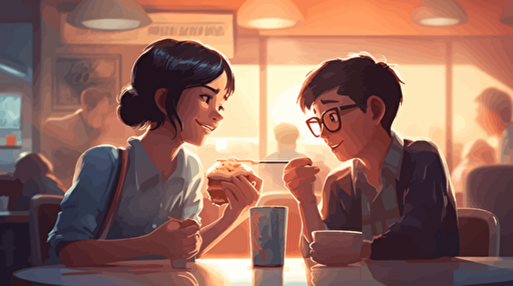 35 year old asian mother having burgers and fries with her 10 year old son at an american restaurant, happy bonding with each other, smiling, Clean Cel shaded vector art by lois van baarle, artgerm, Helen huang, by makoto shinkai and ilya kuvshinov, rossdraws, illustration