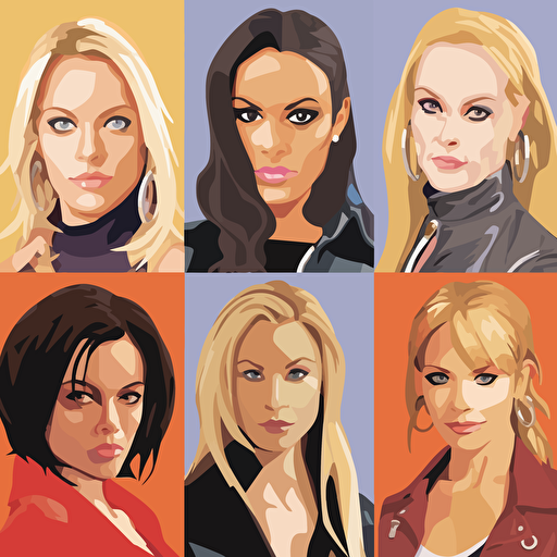 the Spice Girls, Melanie Chisholm in 1997, Geri Halliwell in 1997, Victoria Adams in 1997, Emma Bunton in 1997, Melanie Brown in 1997, 90s style, cartoon style, vector, minimalistic, v5