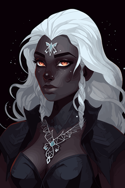 Vector art, drow queen, dark elf, dark grey skin, high quality, dark grey face, white hair