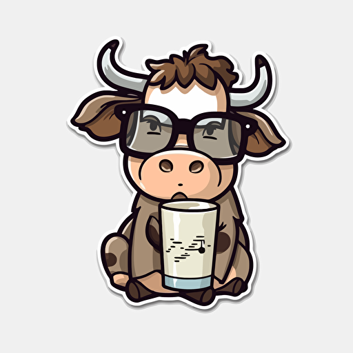 Cute Cow wearing glasses and drinking milk, illustration style, Minimalistic, Simple, illustration, 2D, Vector, Sticker