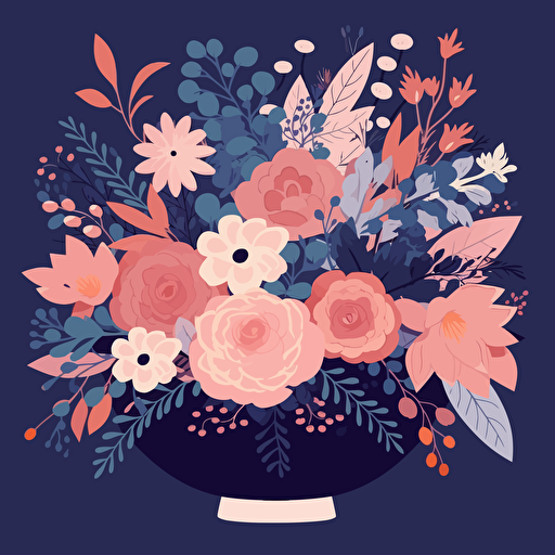 flat colors vector illustration of blush and indigo flower composition. No vase, high in details, high resolution