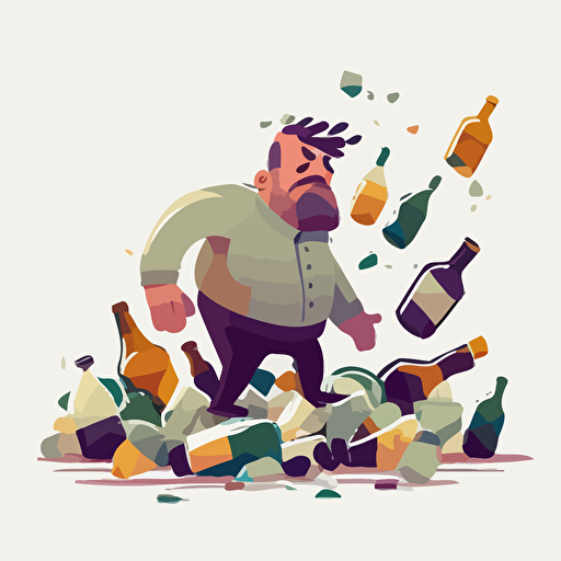 A middle-aged man, with a large pile of liquor bottles scattered around him, the bottles leaning and toppling over, the man is drunk and stumbling, with a confused and unclear mind, white background,Flat Illustration Style,cartoon,Vector