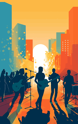 simple vector design using bright primary colours of a band performing on the big stage in the city, sunny bright day