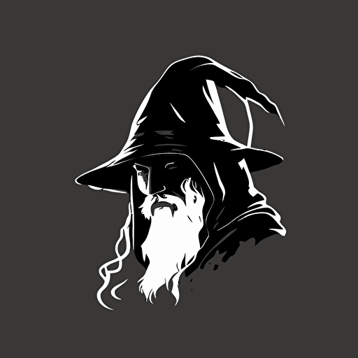 minimalistic iconic logo of Gandalf wizard wearing headphones, black vector, on white background