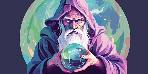 vector illustration designmilk of a good wizard looking into a crystal ball palette is purple, blue, and green, white background