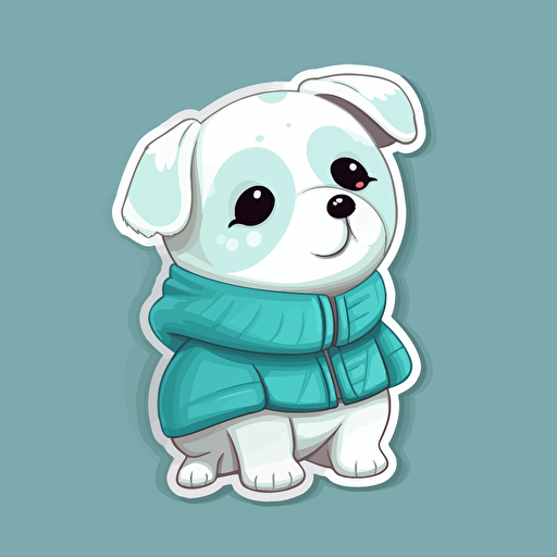 sticker design, super cute baby pixar style white dog, wearing a cyan sweater, vector