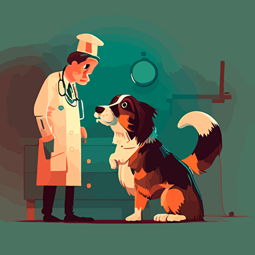 a cute vector art illustration of a dog looking at the veterinary doctor, low details