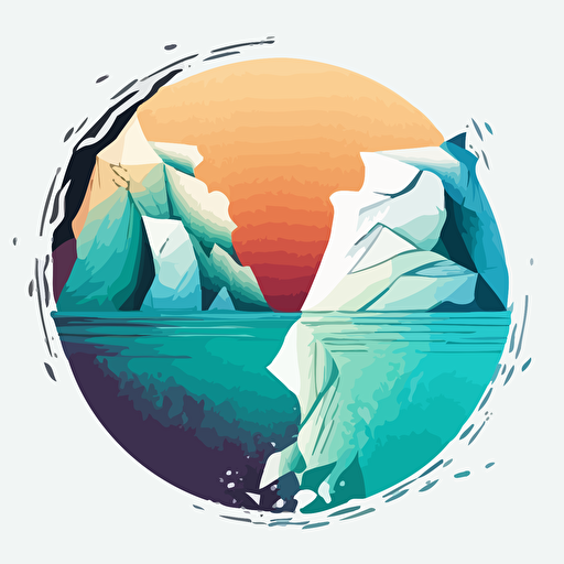 Vector artwork, of two icebergs inside a circular ice crystal, minimalistic, simple, color woodcut artwork, vector, logotype, white background