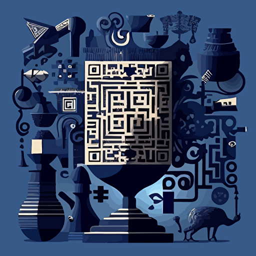 Design a visually captivating vector illustration of a QR code formed by silhouettes of old-fashioned and antique objects, utilizing a minimalistic style with dark blue and black tones. Incorporate geometric flat vectors to create a dynamic composition that evokes the spirit of op art, with precise placement of objects to create optical illusions.