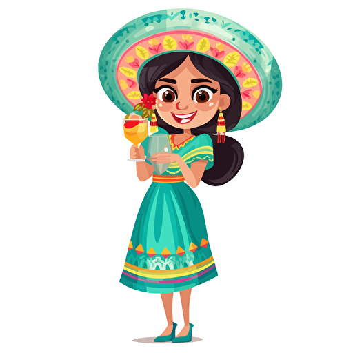 a girl in a mexican clothes holding a cocketail in white background illustration, vector
