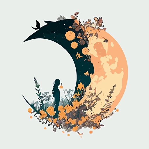 vector art of half moon and a fairy sitting with flower in the half moon simple flat