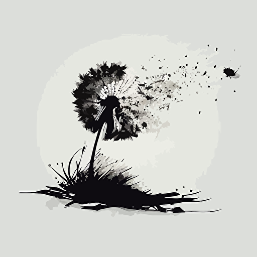 simplistic vector 2d image black ink dandelion left handside blowing in the wind away to the right