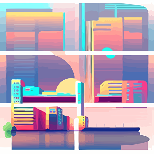 urban architecture, flat style, simple modeling, bright colors, gradient colors, minimalist, wide angle, suzhou city, vector illustration, super detail