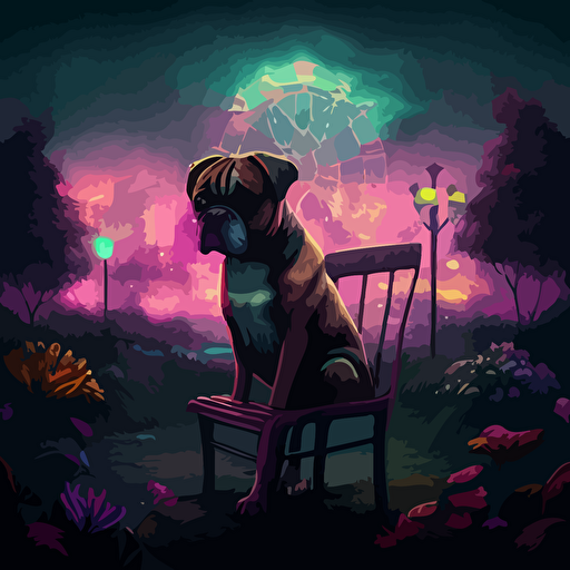 construct a detailed avatar of a boxer dog in street clothes sitting in a chair facing the foregorund, surrounded by magical glowing plants shrubs and roses, with a view of a abandoned city in the background, broken carnival rides in the distance. set from vacant woods in the foreground, trees, dead roses, clouds. Incorporate a gloomy and dreadful vibe to evoke a sense of eerieness and wonder. Use a digital painting style reminiscent of Thomas Kinkade and James Gurneya illustration, drawing, flat illustration, vector style