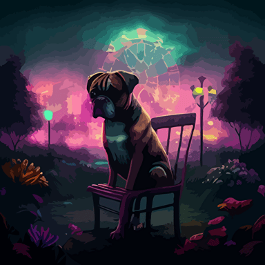 construct a detailed avatar of a boxer dog in street clothes sitting in a chair facing the foregorund, surrounded by magical glowing plants shrubs and roses, with a view of a abandoned city in the background, broken carnival rides in the distance. set from vacant woods in the foreground, trees, dead roses, clouds. Incorporate a gloomy and dreadful vibe to evoke a sense of eerieness and wonder. Use a digital painting style reminiscent of Thomas Kinkade and James Gurneya illustration, drawing, flat illustration, vector style