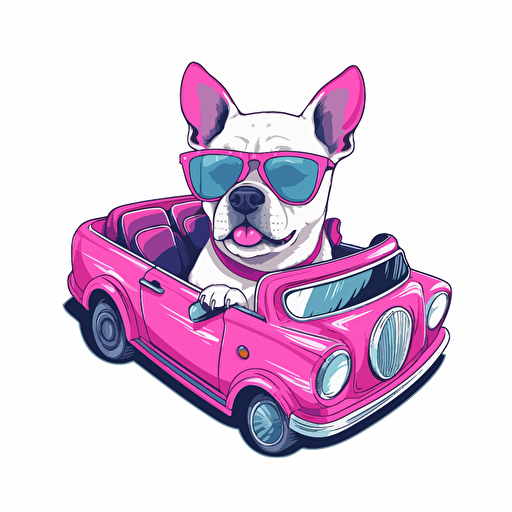 a vector image of a dog driving a pink convertible, logo vector illustration, the dog looks happy, chillin, enjoying the ride, the dog has sunglasses and looks really cool, isolated on white background