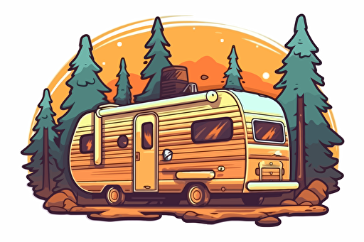 2d illustration, forest 1970's trailer simple vector colorful sticker