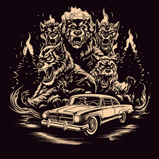 a clean black and white vector design of a burning police car surrounded by three werewolves