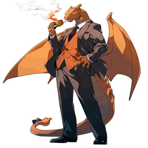 charizard wearing a business suit, smoking a cigar, vector art, 2d, white background