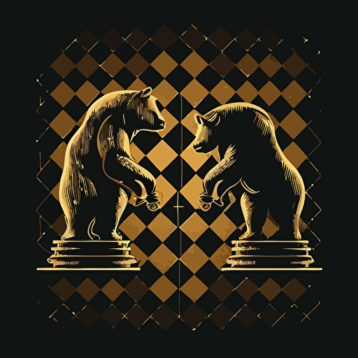 Bear and bull as chess pieces in a 4 squares chess board, vector, minimalist, black and gold logo for a wall street finance company.