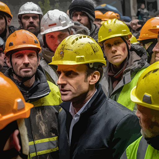 french president Macron dressed with a fluo work suit yellow jacket and a worksite helmet, among a mad crowd of protestor, journalistic photo, real life protest, people are actively moving