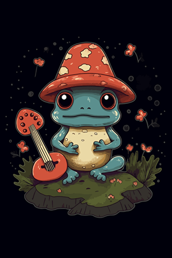 cutest cottagecore frog on toadstool with ukulele, vector, cute, design, black background