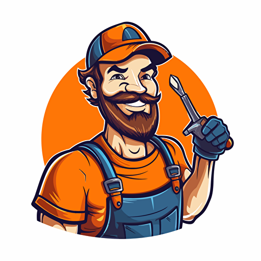 Logo, handyman, vector, cartoon, white background, vibrant style, happy man