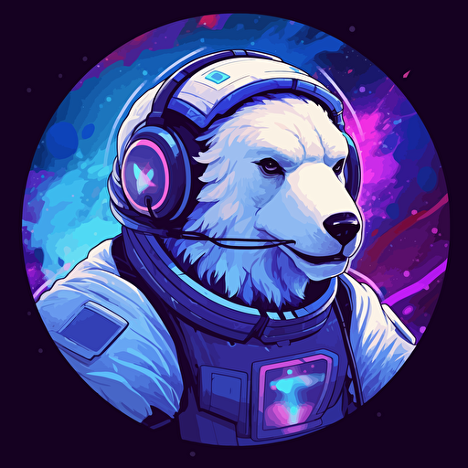 a friendly looking polar bear in a futuristic space suit, using a computer that's emanating a powerful force, purple blue colors, vector style, corporate logo, clean look, detailed