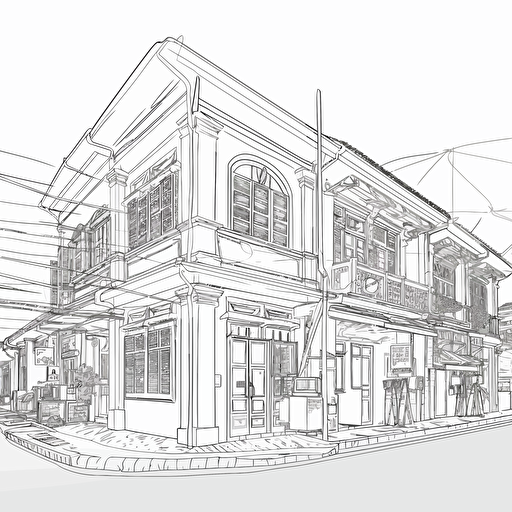 Outline minimalistic sketch of a commercial shophouse in singapore , vector,