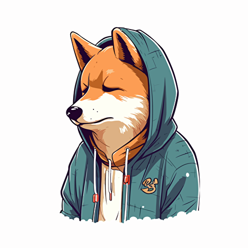 cartoon 2d shiba 2/3 left side profile shot, Shiba Inu wearing a hoodie, cartoon anime, colors, surreal, Vector illustration, white background