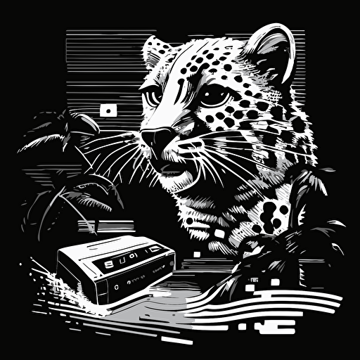 an 80s spirit illustration with a leopard, vector, in black and white, flat 2d