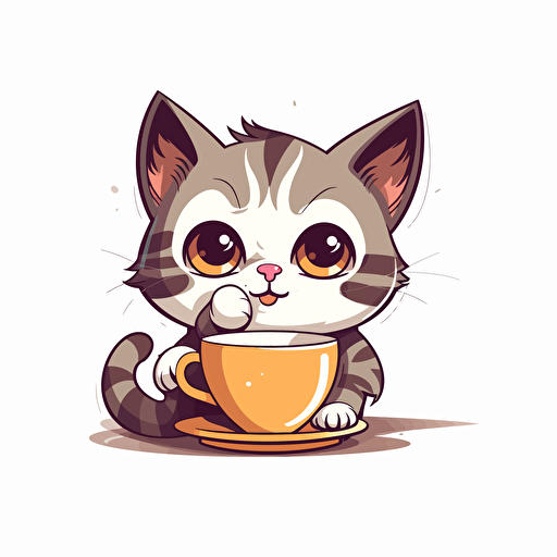a vector illustration of a cute cat drinking coffee from a cup, on solid white background