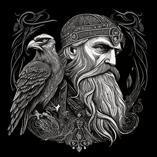 odin with a raven, blackwork, vector, artistic, detailed