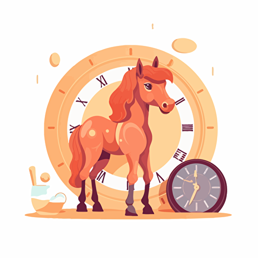 cute horse waiting and looking at clocks, simple vector flat illustration, transparent background