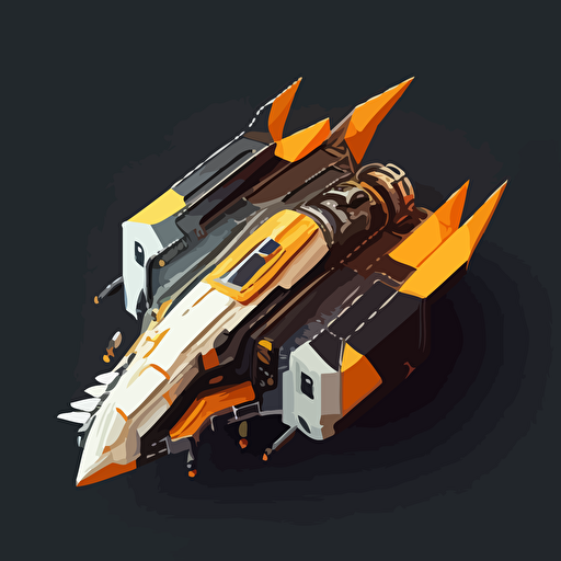 futuristic space ship, top down, isometric, orange and grey, black background, minimalistic, vector