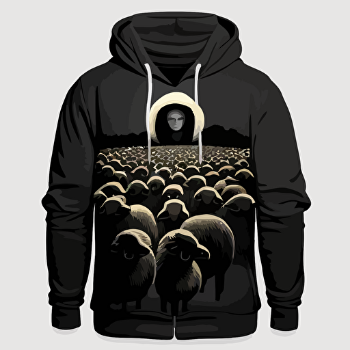 black hoodie with some beautiful picture in the middle of herd of sheeps, but in middle is one black 2d vector simple on the back.